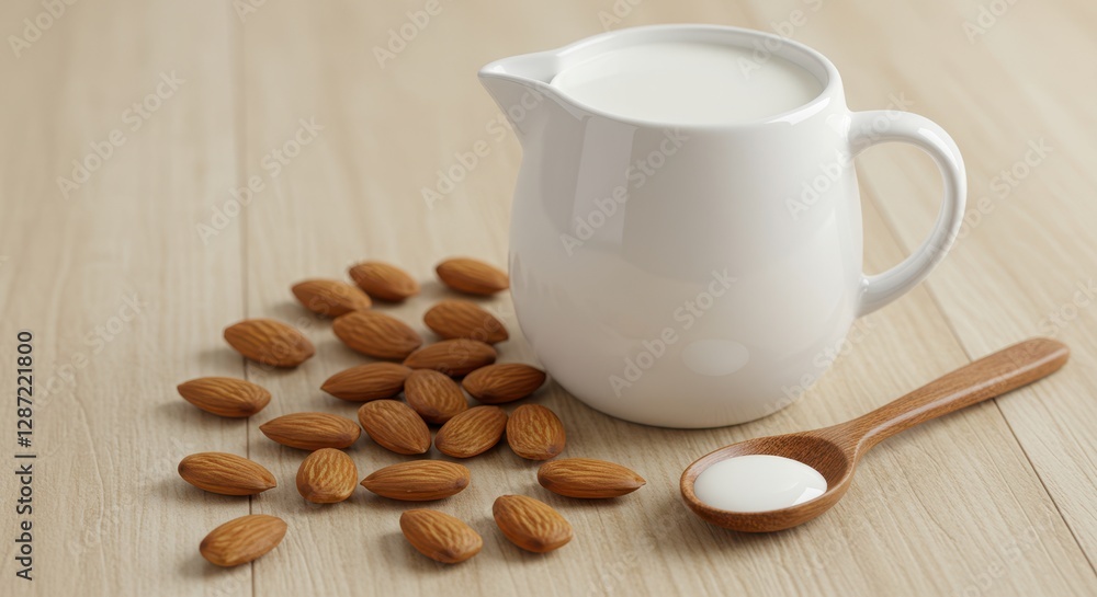 Fresh almonds and almond milk in white jug on wooden surface Fresh almonds and almond milk in white jug on wooden surface