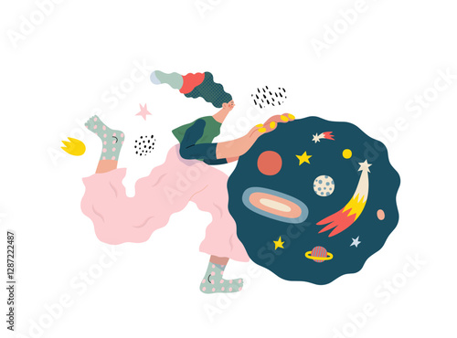 Life Unframed: Space -modern flat vector concept illustration of a encapsulated universe pusher. Metaphor of unpredictability, imagination, whimsy, cycle of existence, play, growth and discovery