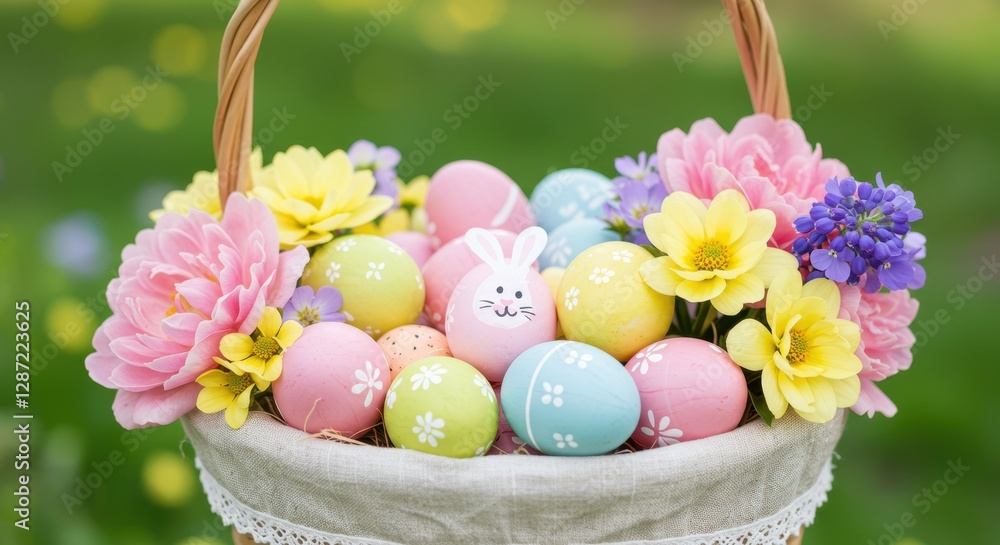 Colorful easter basket with painted eggs and spring flowers in bloom Colorful easter basket with painted eggs and spring flowers in bloom