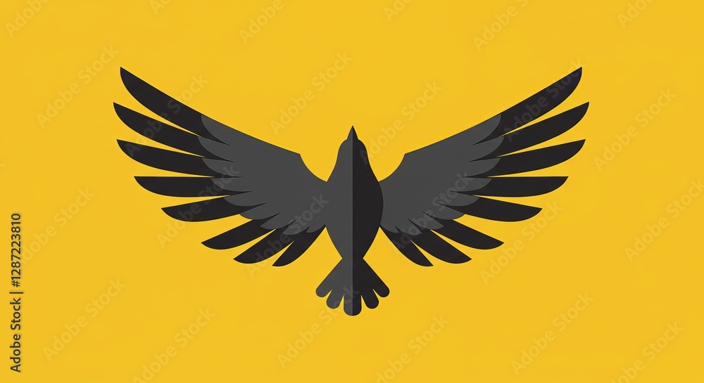Obraz premium Black silhouette of bird with outstretched wings on yellow background