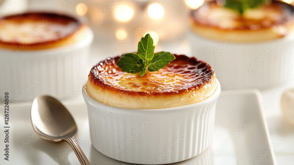 Decadent crème brûlée with caramelized sugar served elegantly in ramekin Decadent crème brûlée with caramelized sugar served elegantly in ramekin
