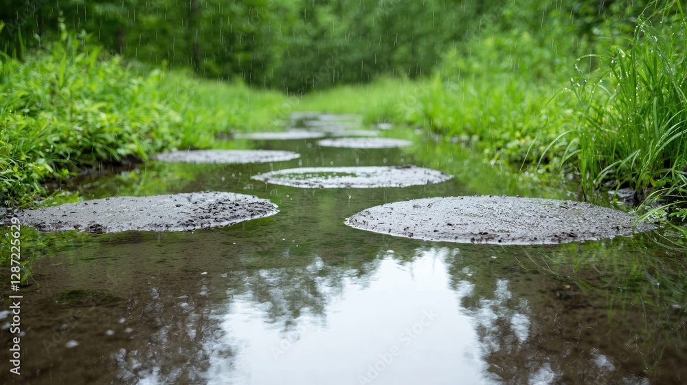 Fototapeta premium Round concrete stepping stones create a pathway through a flooded grassy trail in a lush green forest.