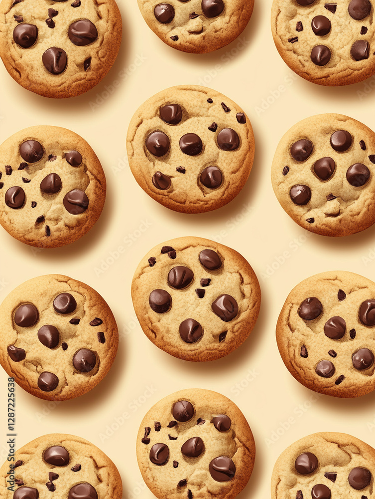 A seamless pattern of cute and delicious chocolate chip cookies A seamless pattern of cute and delicious chocolate chip cookies