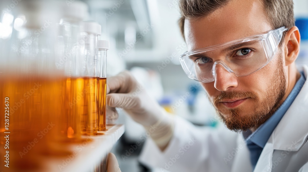 Laboratory technician conducts experiments with test tubes in clinical setting Laboratory technician conducts experiments with test tubes in clinical setting