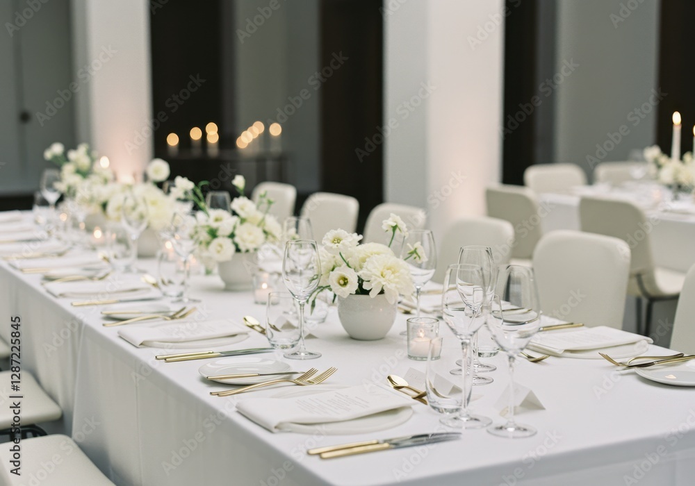 Fototapeta premium Elegant white floral table setting for a chic wedding or event reception