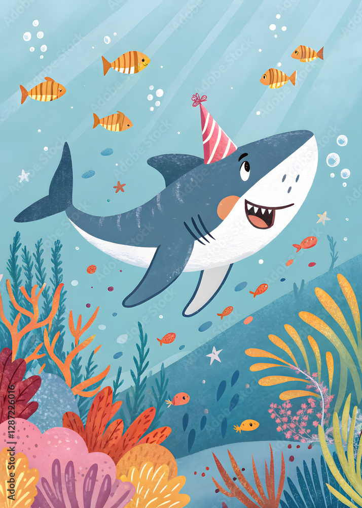 Obraz premium happy cartoon shark in the party hat birthday greeting card with balloons 