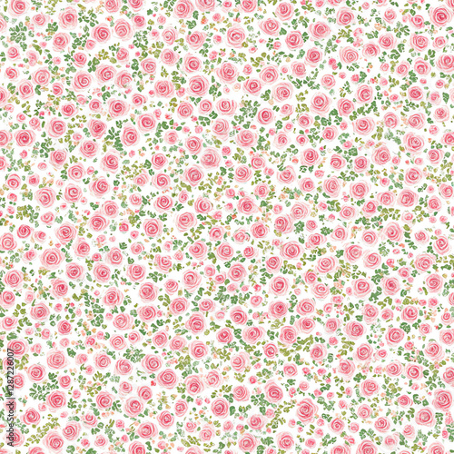 A floral pattern of pink roses and green leaves