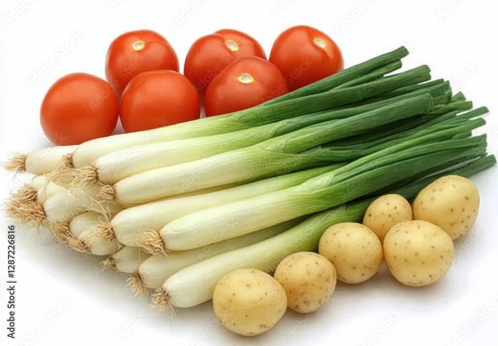 Fresh vegetables including tomatoes, green onions, and potatoes arranged beautifully on a white background for healthy cooking concepts Fresh vegetables including tomatoes, green onions, and potatoes arranged beautifully on a white background for healthy cooking concepts