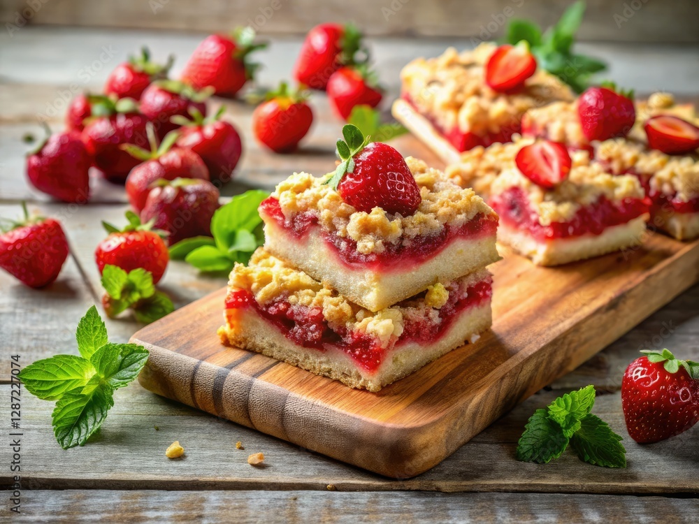 Rustic wooden platter showcases surreal strawberry crumb bars; homemade delight with fresh berries. Rustic wooden platter showcases surreal strawberry crumb bars; homemade delight with fresh berries.