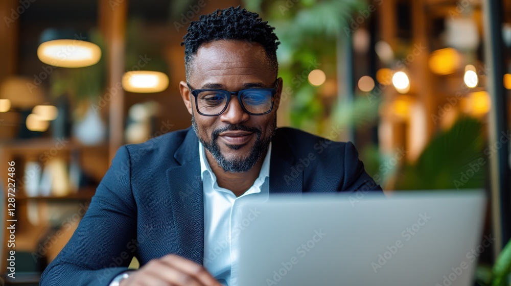 Man engages in productive virtual meeting from stylish home office Man engages in productive virtual meeting from stylish home office