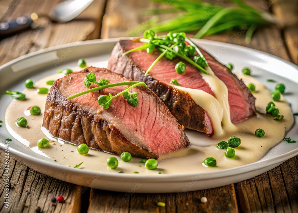Savor succulent, creamy beef steak; elegant presentation, delicious recipe, and chives garnish. Savor succulent, creamy beef steak; elegant presentation, delicious recipe, and chives garnish.