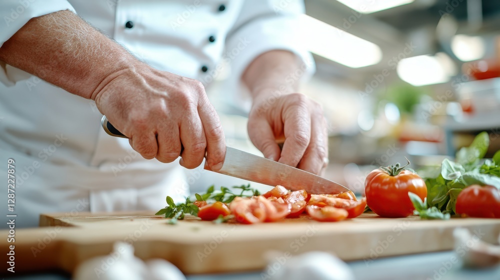 Slicing fresh tomatoes with skillful hands in a bustling kitchen environment Slicing fresh tomatoes with skillful hands in a bustling kitchen environment
