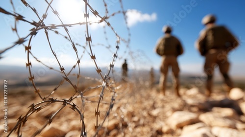 Israeli soldiers standing guard near razor wire in the West Bank