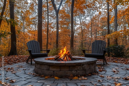 Fototapeta Naklejka Na Ścianę i Meble -  Autumn fire pit, fall foliage, outdoor seating