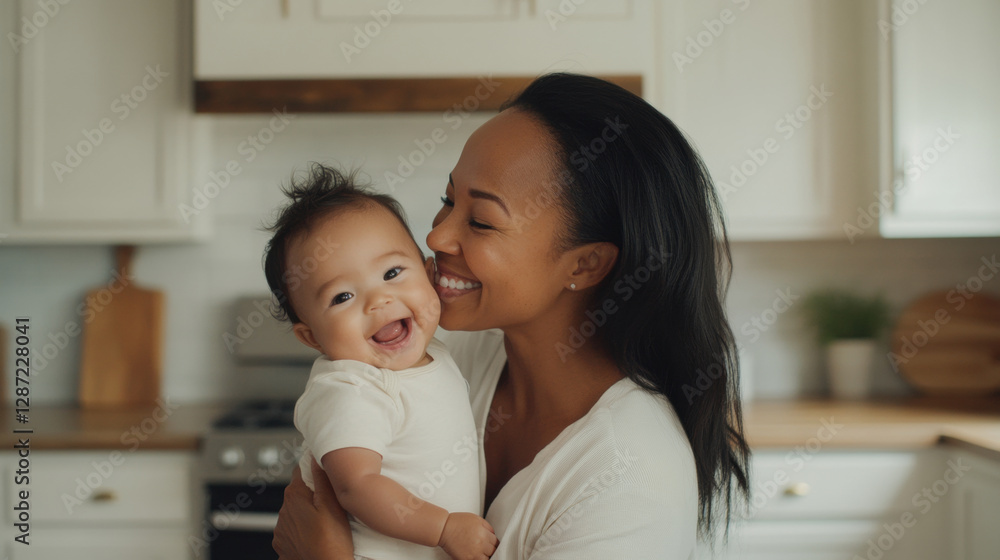 joyful moment of African American mother smiling with her baby in bright kitchen joyful moment of African American mother smiling with her baby in bright kitchen