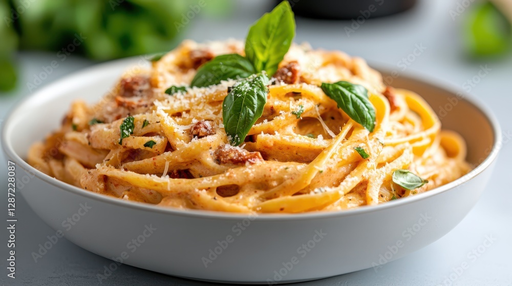 Creamy pasta creation with aromatic basil and parmesan delight Creamy pasta creation with aromatic basil and parmesan delight