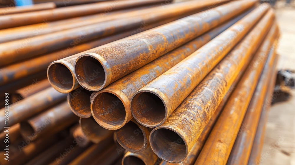 Rusty Metal Pipes are Stacked in a Construction Material Pile Rusty Metal Pipes are Stacked in a Construction Material Pile