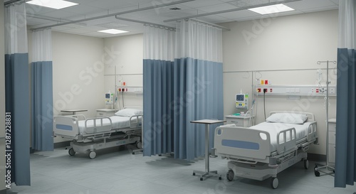Modern hospital ward with empty beds and medical equipment in clean and sterile environment