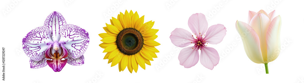 Diverse Collection of Vibrant Flowers Including Orchid, Sunflower, Cherry Blossom, and Tulip, Showcasing Natural Beauty, Isolated on Transparent and White Background Diverse Collection of Vibrant Flowers Including Orchid, Sunflower, Cherry Blossom, and Tulip, Showcasing Natural Beauty, Isolated on Transparent and White Background