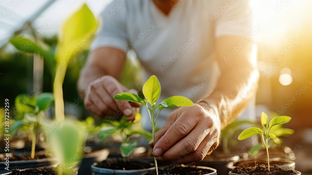 Farmer tending to vibrant plants in a sunlit greenhouse environment Farmer tending to vibrant plants in a sunlit greenhouse environment