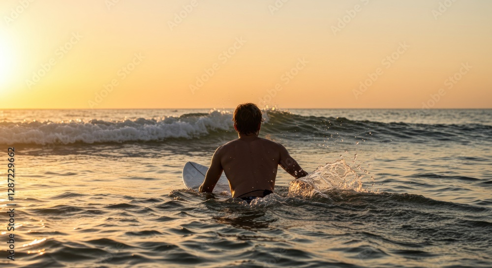 Fototapeta premium Young surfer navigating waves at sunset in serene ocean setting