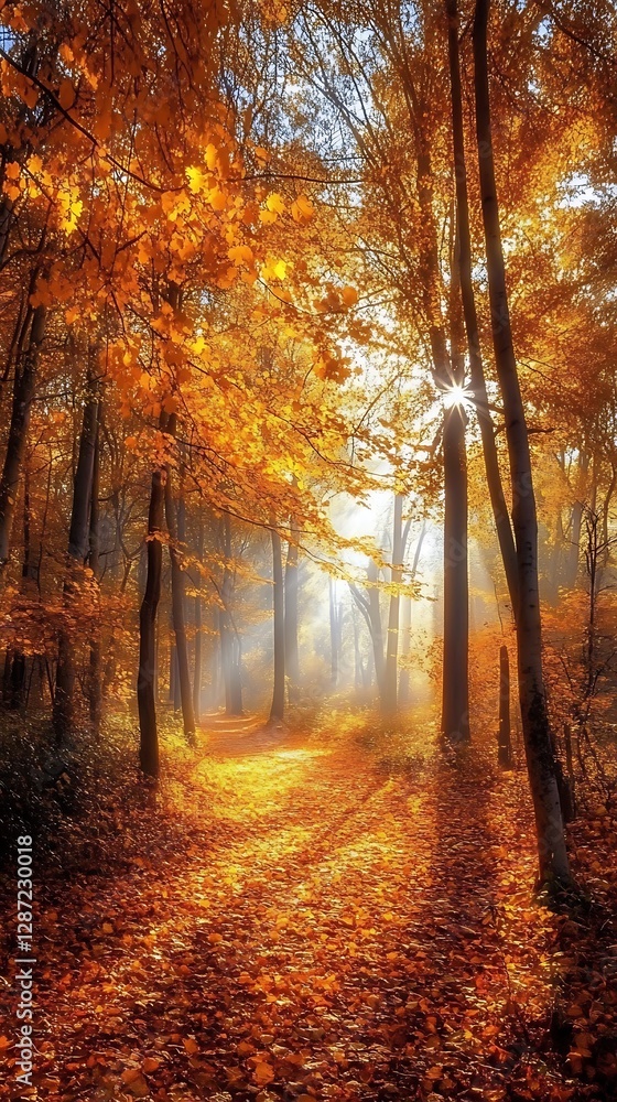 Fototapeta premium Autumn forest path, sunlit, peaceful