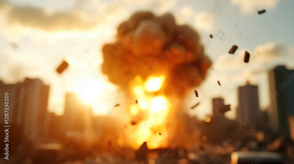 Obraz premium Explosive devastation unfolds above a bustling city skyline at dusk
