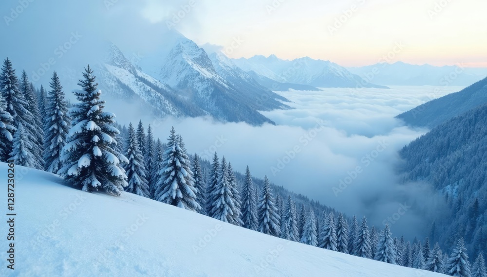 Dense fog wraps around snow-covered mountain slopes, frozen trees, winter landscape snow mountains fog trees, misty landscape Dense fog wraps around snow-covered mountain slopes, frozen trees, winter landscape snow mountains fog trees, misty landscape