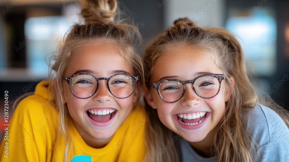 Teen girls sharing laughter and joy in a cozy cafe setting Teen girls sharing laughter and joy in a cozy cafe setting