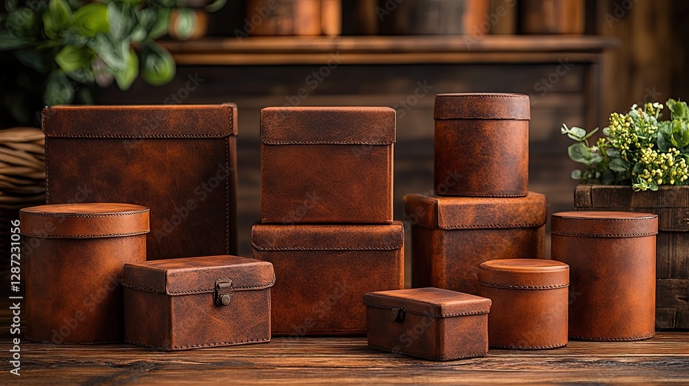 Several handcrafted brown leather storage boxes sitting on wooden surface Several handcrafted brown leather storage boxes sitting on wooden surface