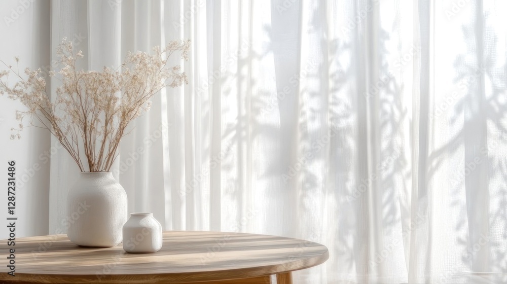White vase with dried flowers on wooden table by sheer curtains
