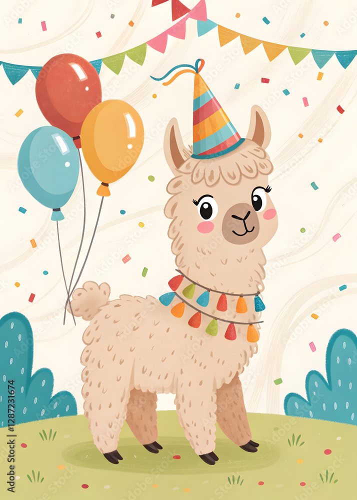 Obraz premium happy cartoon alpaca in the party hat birthday greeting card with balloons 