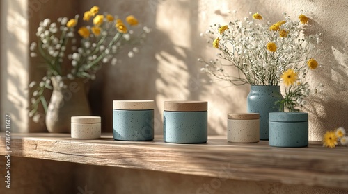 Wallpaper Mural Decorative Jars Adorned with Flowers on a Wooden Shelf Torontodigital.ca