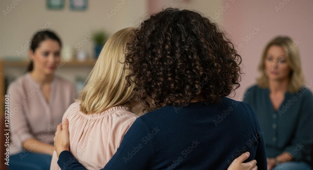 Support group session with women comforting each other in a warm environment Support group session with women comforting each other in a warm environment