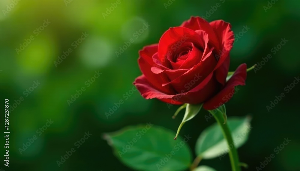 Velvety red rose stem emerging from lush green foliage, greenery, red rose Velvety red rose stem emerging from lush green foliage, greenery, red rose