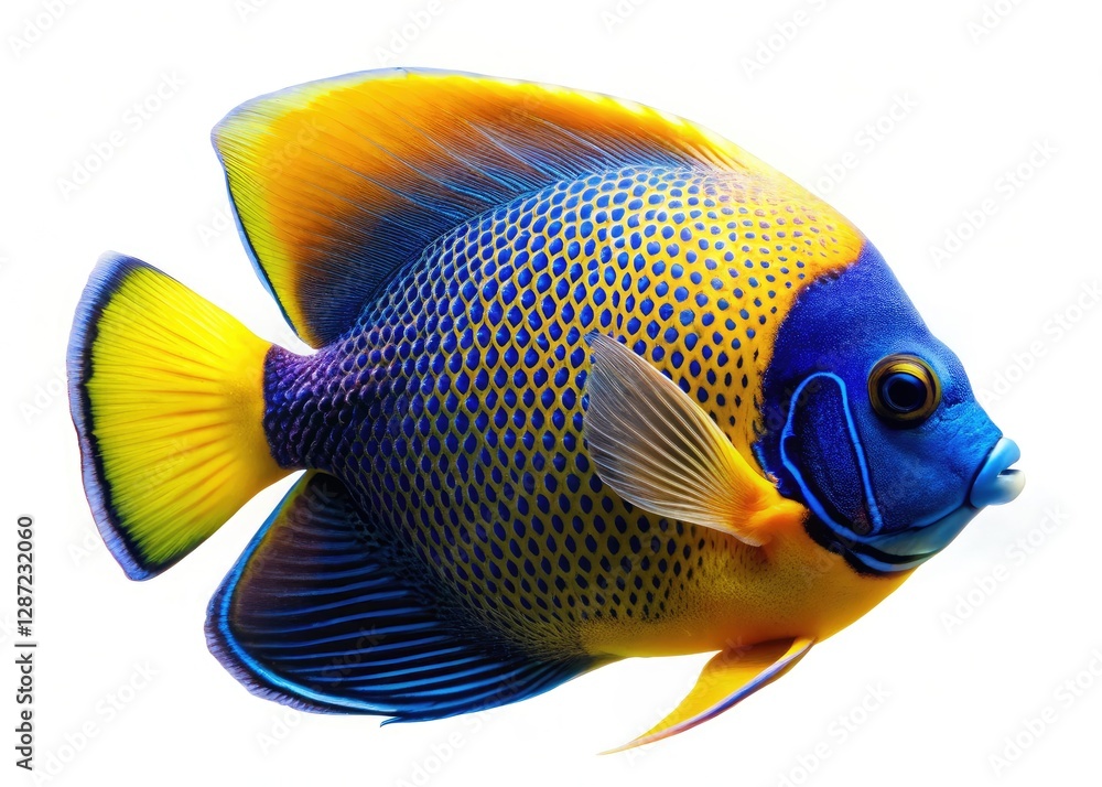 Naklejka premium Young Majestic Blue Girdled Angelfish (Pomacanthus navarchus), vibrant yellow and blue, grace the Asian Pacific.