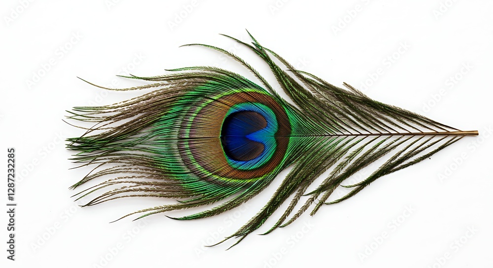 Obraz premium Peacock Feather Lying on a White Background with Vivid Colors