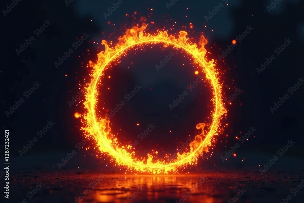 Fototapeta premium Burning circle on dark background with sparks, hot, radiant