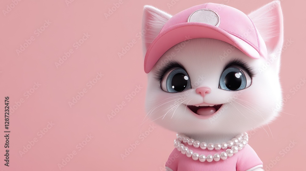 Fototapeta premium Cute kitten, pink hat, pearl necklace, smiling, studio, pastel background, children's app