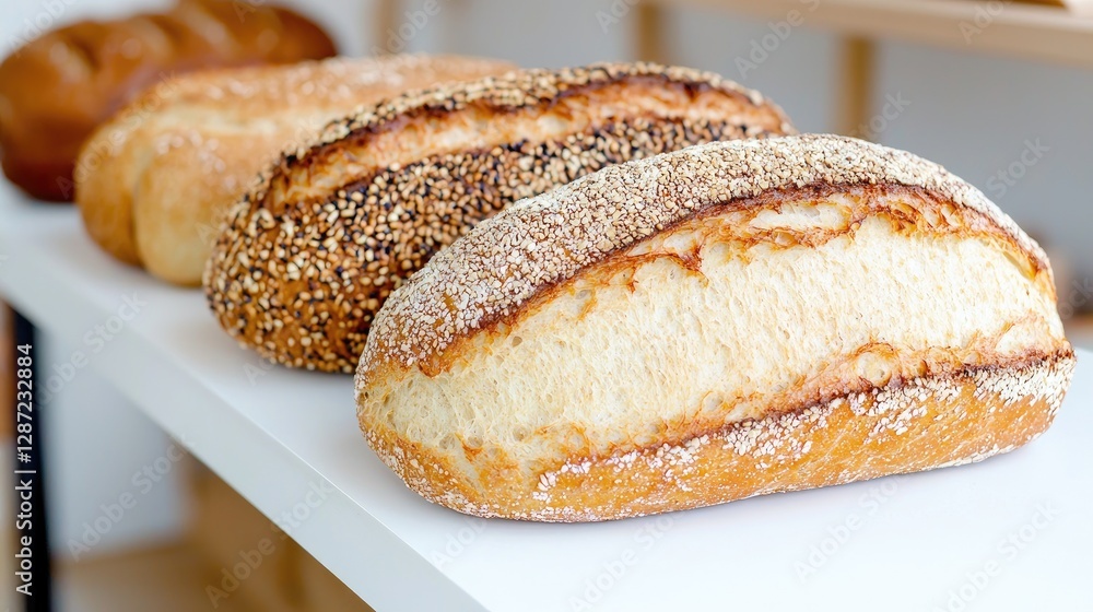 Bakery display of assorted breads on white shelf Bakery display of assorted breads on white shelf