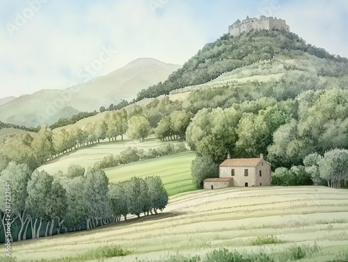 Wallpaper Mural A serene countryside landscape featuring rolling green hills, a rustic farmhouse, and lush trees. The soft, watercolor-like details create a peaceful and timeless atmosphere reminiscent of Tuscany. Torontodigital.ca