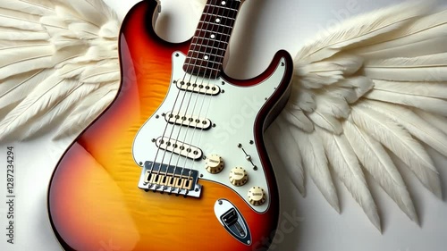 Electric guitar with angelic wings rests gracefully on a plain background, showcasing creativity and artistry in music