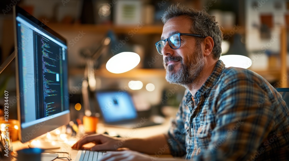 Creative photographer edits images in a lively studio filled with lights Creative photographer edits images in a lively studio filled with lights
