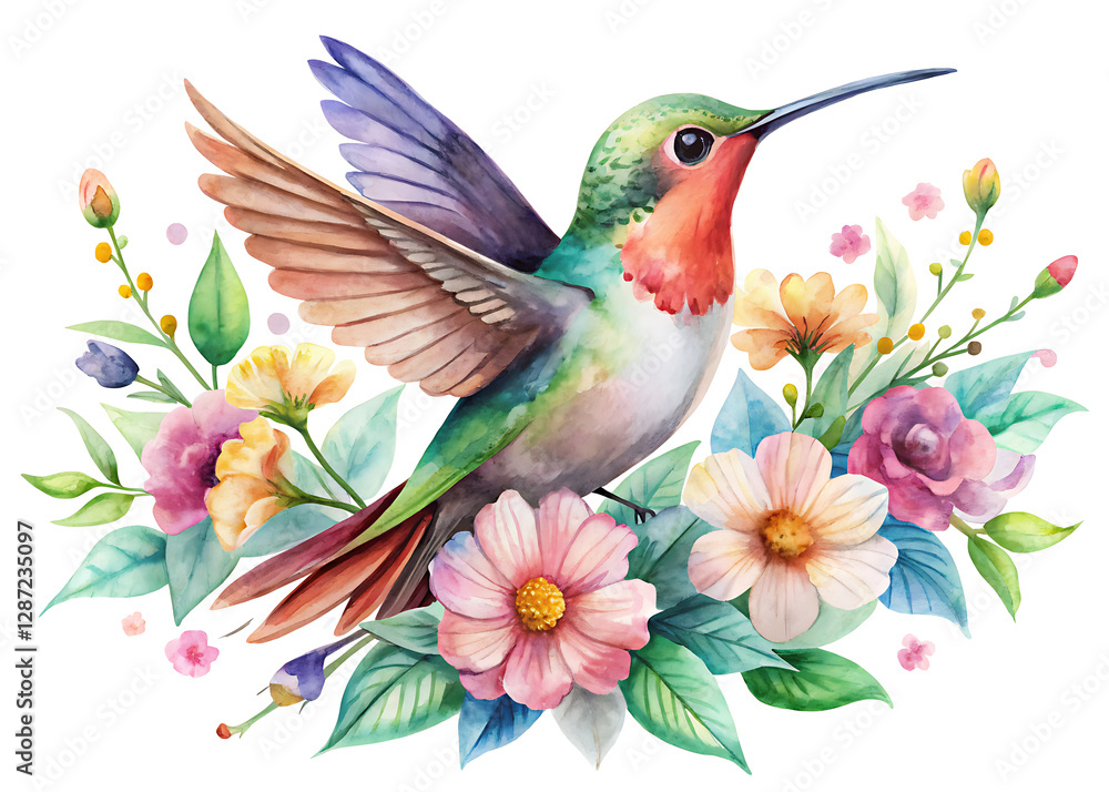 Obraz premium a cute hummingbird floral illustration watercolor isolated with white background