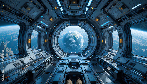 Futuristic Space Station Control Room Interior With Earth View Through Windows