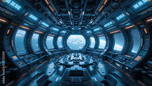 Futuristic Space Station Control Room Interior With Earth View Through Windows