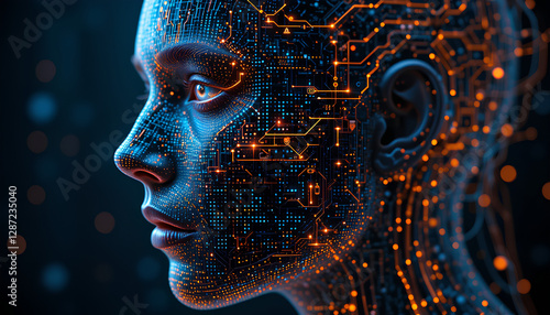 A high-tech face depiction showcasing intricate digital circuitry and glowing network designs, exuding a deep sense of futuristic technological advancements and artificial intelligence aesthetics.