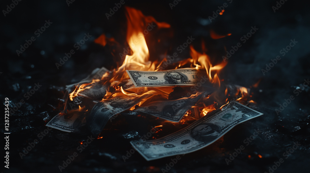 Burning Money US Dollar Bills in Fiery Inferno Financial Crisis Concept Burning Money US Dollar Bills in Fiery Inferno Financial Crisis Concept
