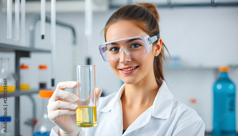 Young Female Scientist Holding Test Tube in Modern Laboratory Young Female Scientist Holding Test Tube in Modern Laboratory
