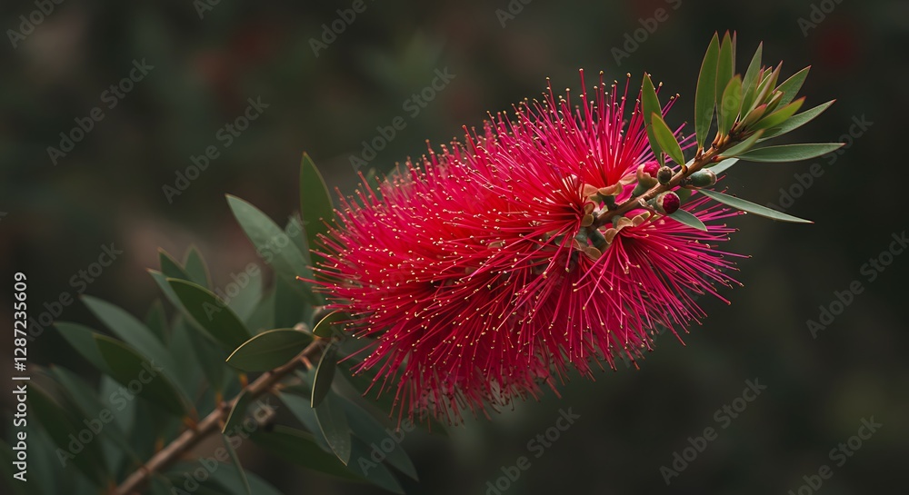 Vibrant crimson Bottlebrush flower close-up - Symbol of resilience - Botanical article Vibrant crimson Bottlebrush flower close-up - Symbol of resilience - Botanical article